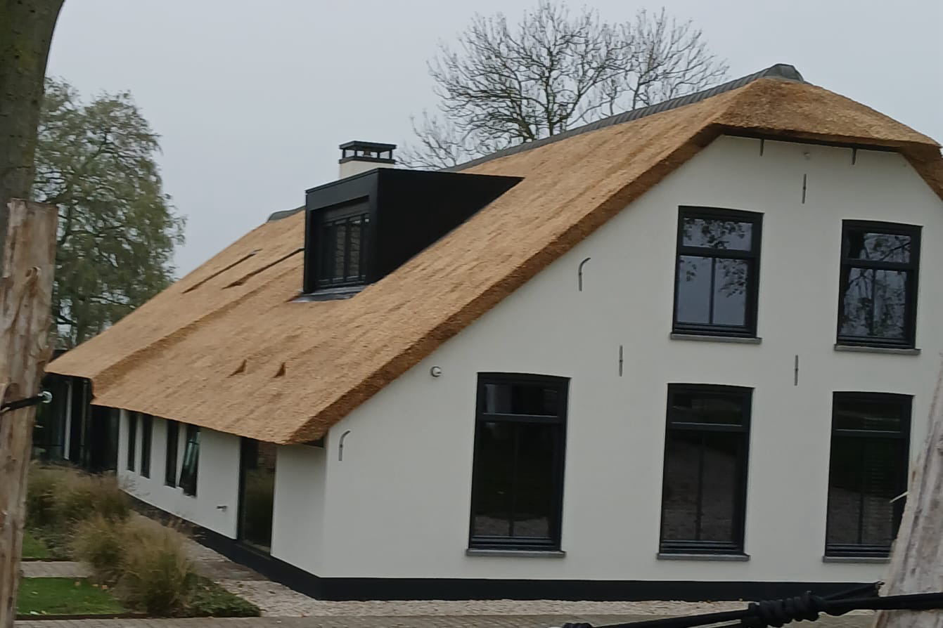 Witte woonboerderij met rieten dak